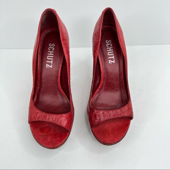 Schutz shoes women's 6 red leather reptile skin peep toe platform stiletto heels - Picture 3 of 13